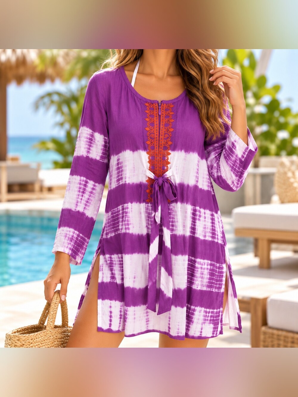 Athleta Tie Dye Swim Cover Up Tunic Large Purple Embroidered Boho